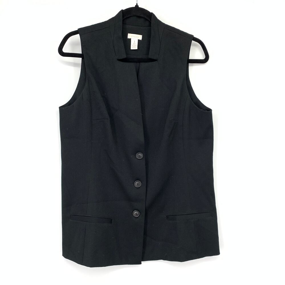 Chicos Button Front Vest Top Womens Sz 1 US Sz M Black Stretch Notched Collar